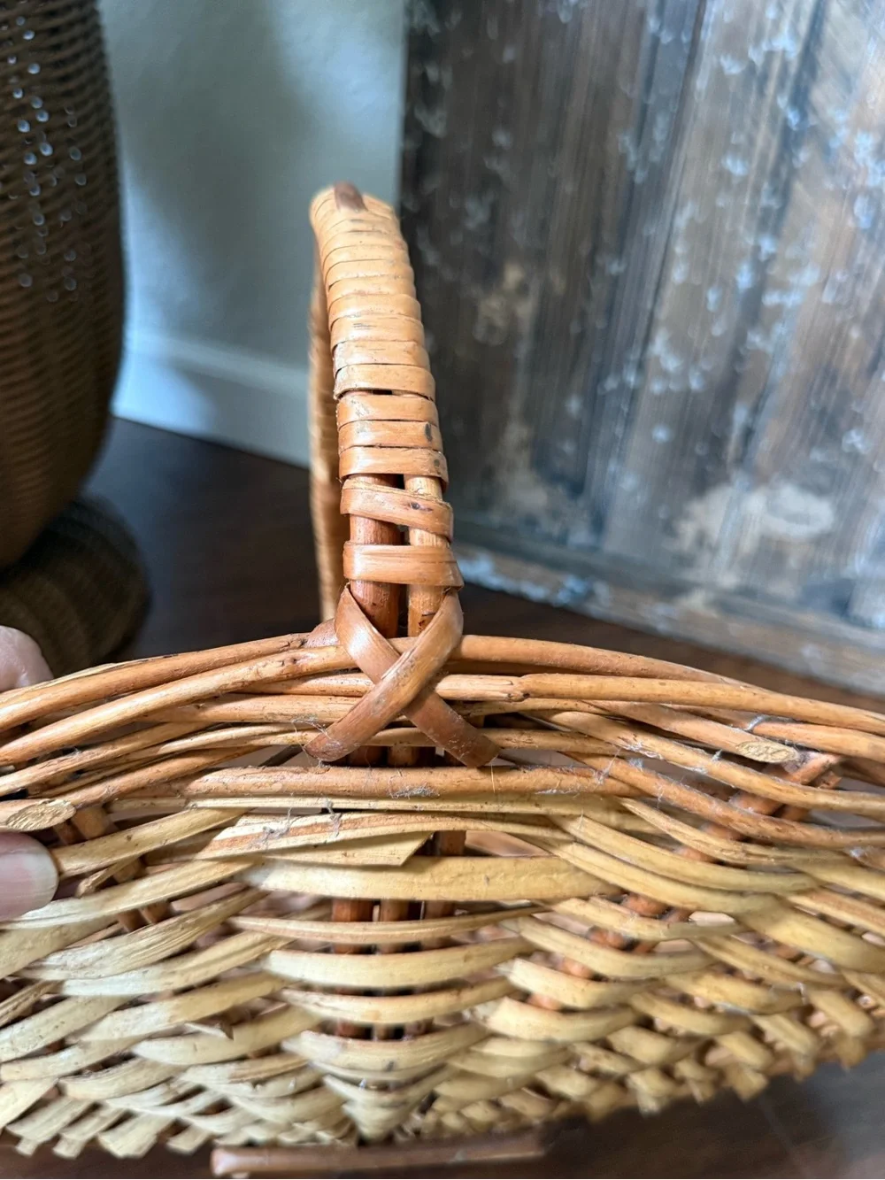 Large Mid Century French Style Flower Gathering Wicker Basket with Handle